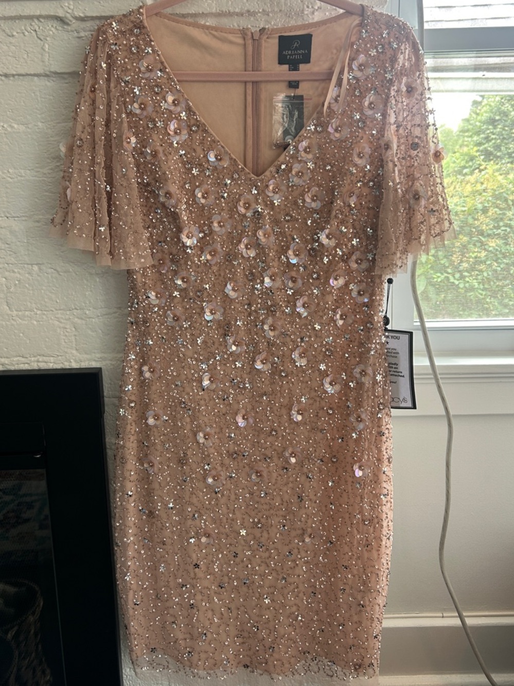 Adrianna Papell Rose Gold Sequin Midi Dress with Flutter Sleeves NWT - Size 10